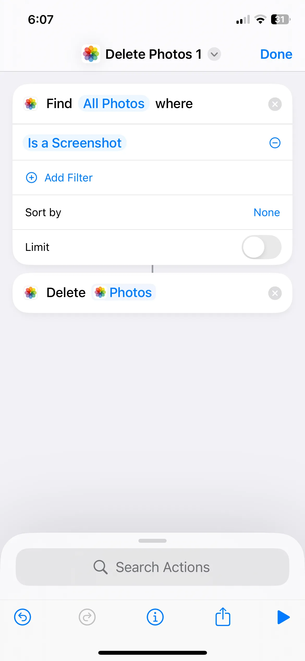 Thao tác thêm hành động Xóa Ảnh vào phím tắt tự động xóa ảnh chụp màn hình trên iPhone