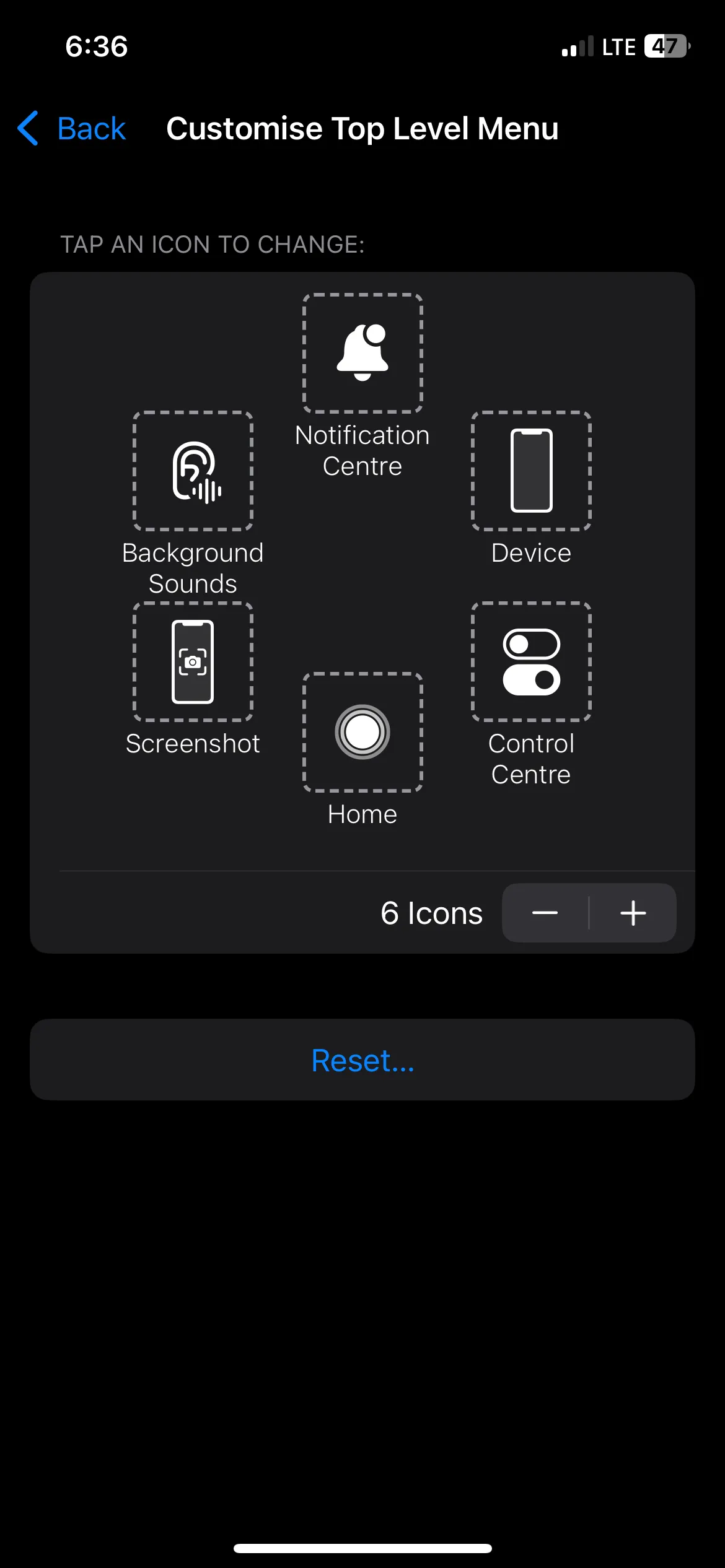 Thay đổi tác vụ chụp ảnh màn hình (Screenshot) cho một biểu tượng trong menu AssistiveTouch trên iPhone.
