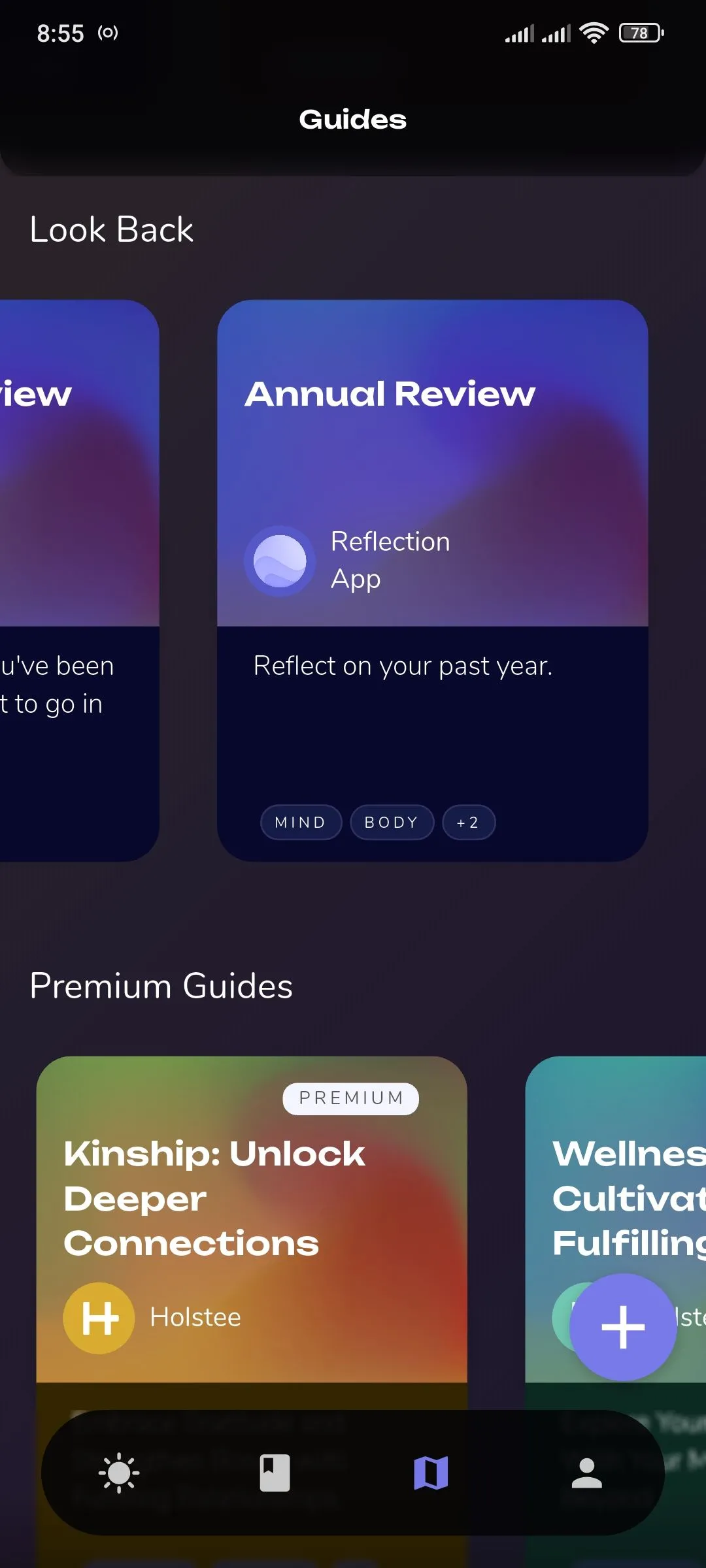 Thẻ 'Đánh giá hàng năm' trong phần hướng dẫn của Reflection.app, minh họa các công cụ giúp phản tư cuối năm.