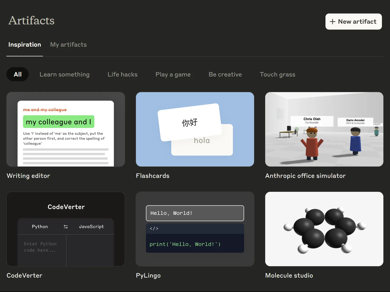 Thẻ Inspiration trong Claude Artifacts web app, minh họa các công cụ dựng sẵn nhưng ít tùy biến hơn.