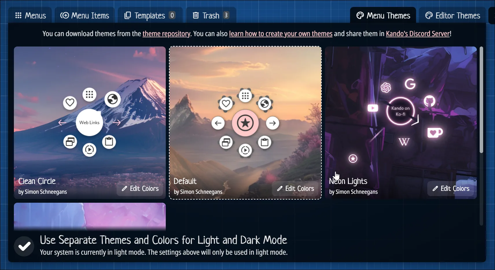 Thẻ Menu Themes trong trình chỉnh sửa Kando trên Windows 11 để tùy chỉnh giao diện và màu sắc