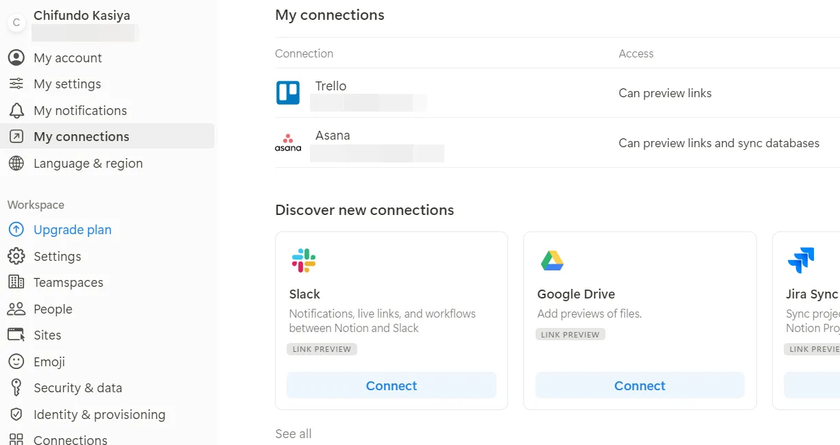 Thẻ My connections trong cài đặt Notion, hiển thị tùy chọn Slack