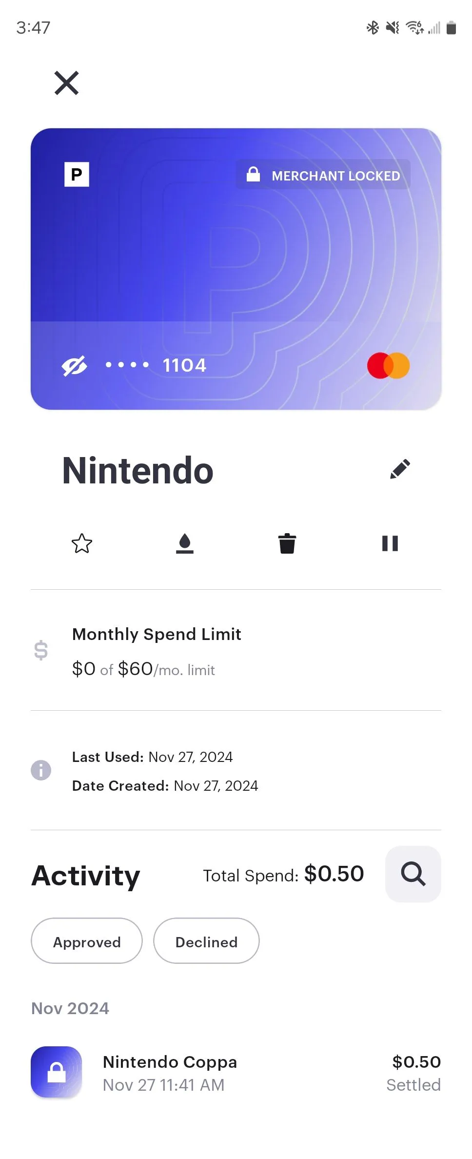 Thẻ thanh toán tạm thời dành cho Nintendo được tạo qua ứng dụng Privacy trên điện thoại Android