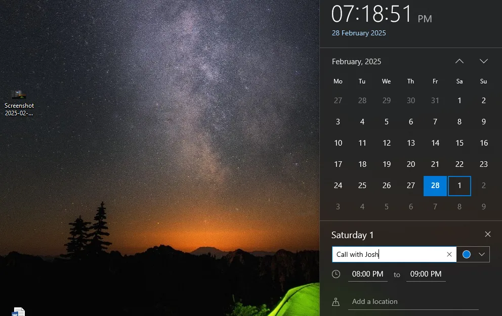 Thêm sự kiện trực tiếp từ lịch tích hợp trên thanh tác vụ Windows 10