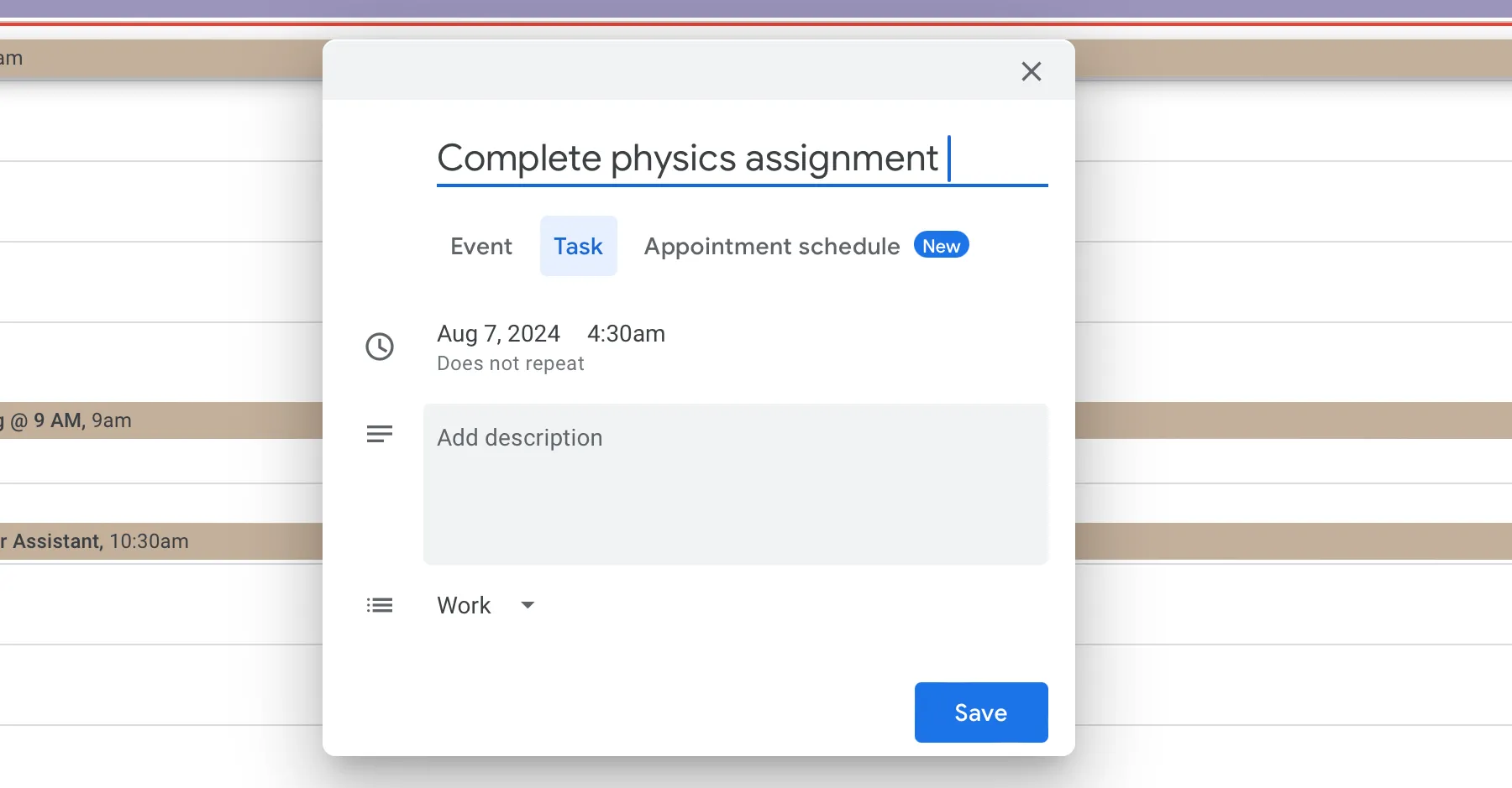 Thêm tác vụ vào danh sách công việc trực tiếp từ Google Calendar một cách tiện lợi.