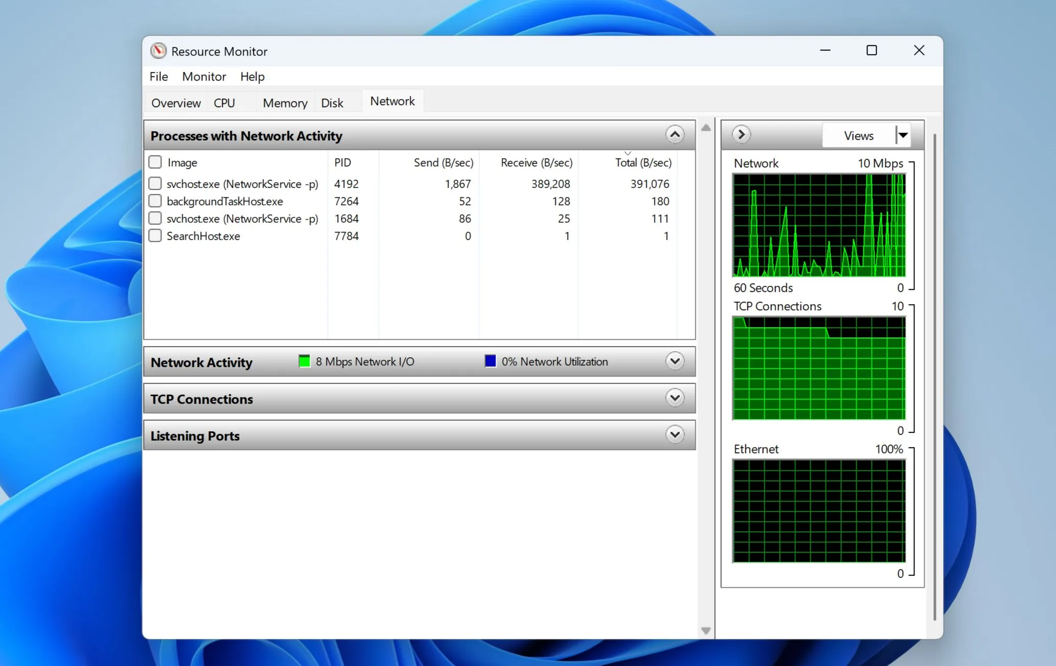 Theo dõi mức sử dụng mạng trong Resource Monitor trên Windows 11