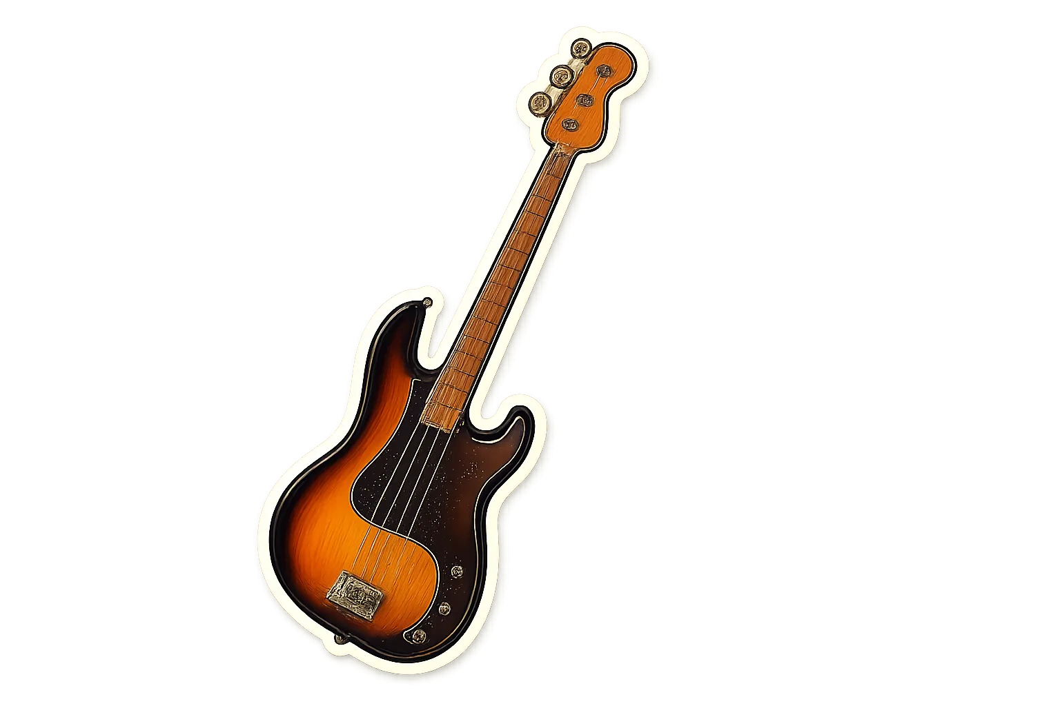 Thiết kế sticker cắt sẵn hình đàn guitar bass điện màu sunburst với đường viền đậm, minh họa ứng dụng nghệ thuật AI cho sản phẩm cá nhân.