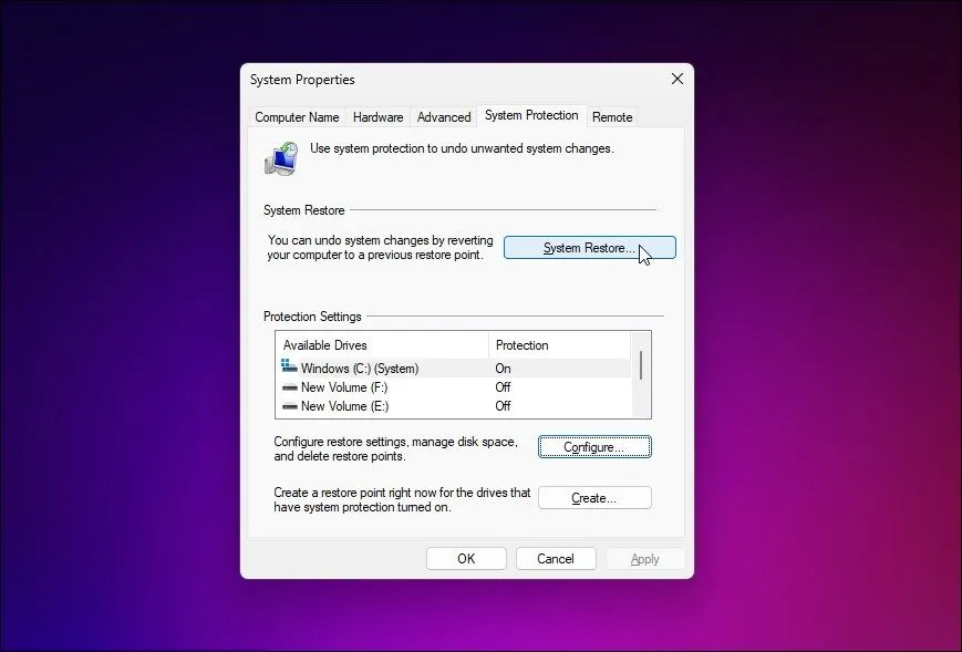 Thiết lập Bảo vệ Hệ thống trong thuộc tính hệ thống Windows