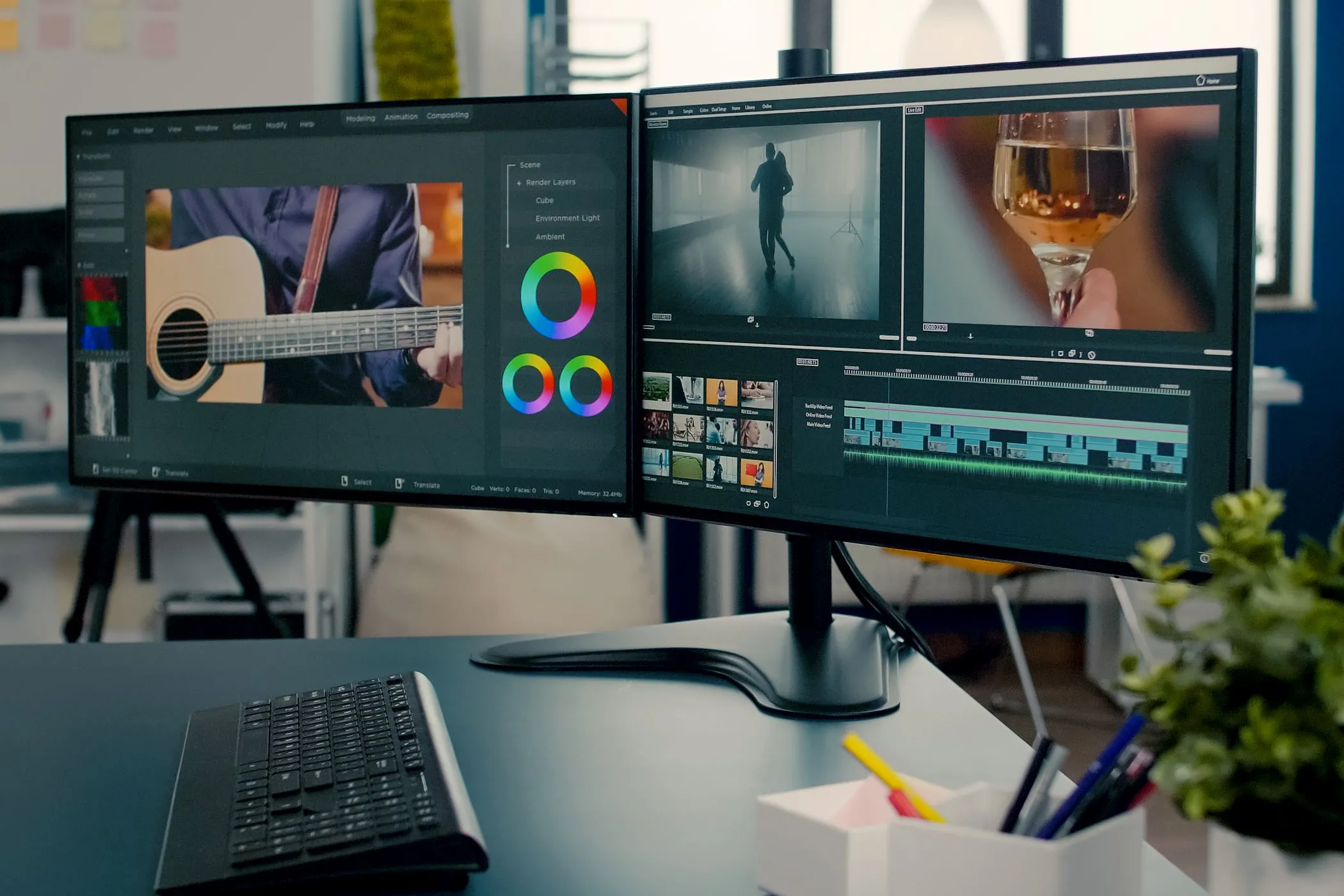 Thiết lập hai màn hình máy tính hiển thị phần mềm chỉnh sửa video, kết nối thông qua USB-C hoặc DisplayPort Daisy Chain.