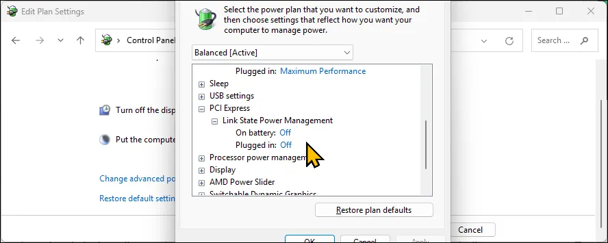 Thiết lập 'Link State Power Management' cho PCI Express trong cửa sổ Tùy chọn Nguồn trên Windows 11