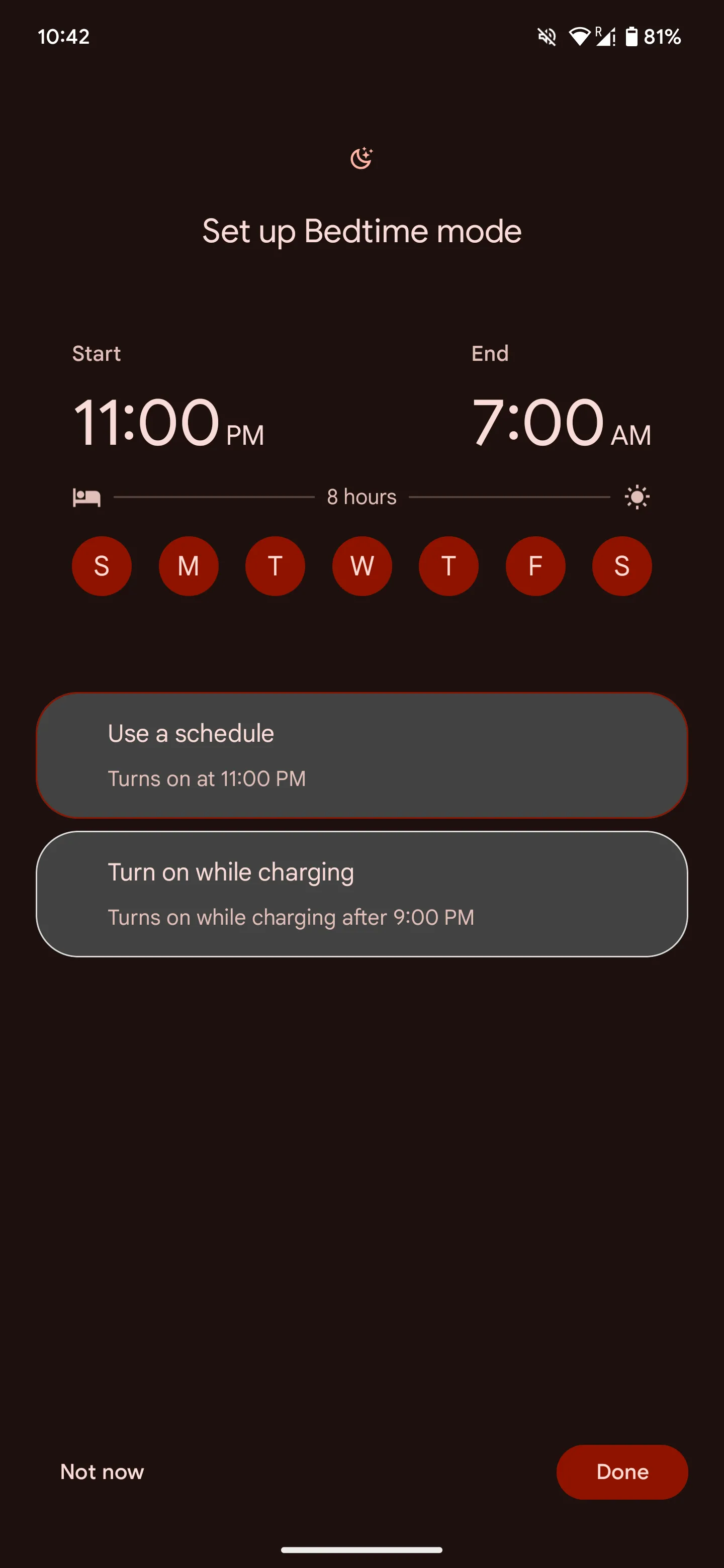 Thiết lập thời gian và chọn các ngày trong tuần cho Chế độ Giờ đi ngủ trên Android.