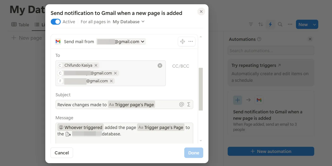 Thiết lập tự động hóa gửi email thông báo qua Gmail trong Notion, minh họa khả năng tự động hóa mạnh mẽ.