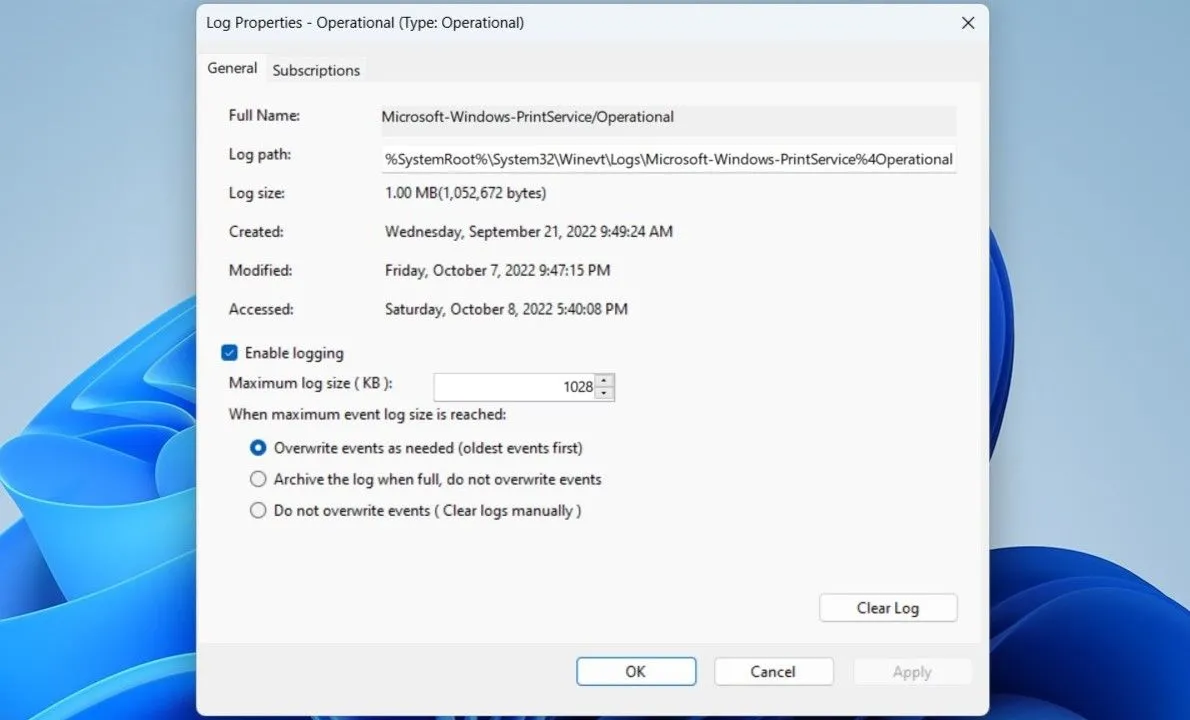 Thiết lập tùy chọn ghi nhật ký cho lịch sử in trên Windows 11