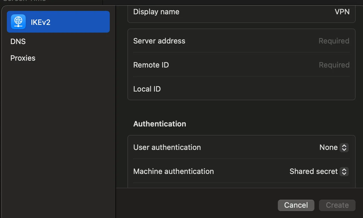 Thiết lập VPN thủ công trên macOS trong cài đặt Mạng và VPN.