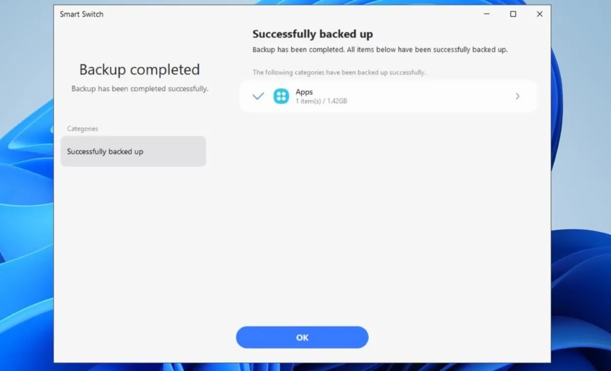 Thông báo hoàn tất sao lưu Thư mục Bảo mật trong Smart Switch trên máy tính