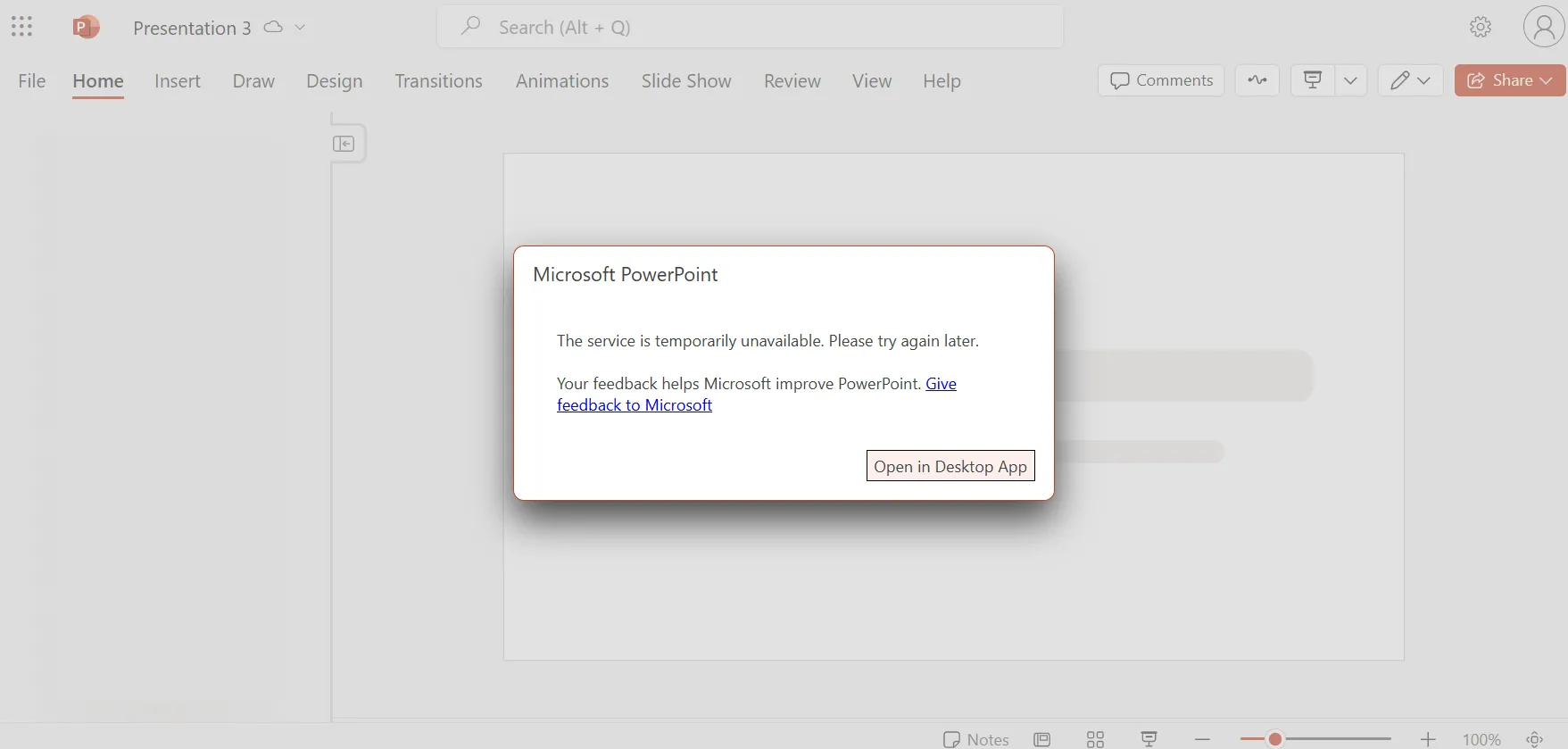 Thông báo lỗi khi người dùng cố mở mẫu trình chiếu trên PowerPoint Online