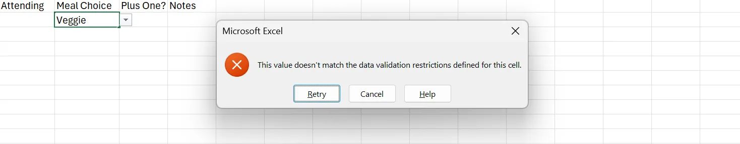 Thông báo lỗi khi nhập dữ liệu không hợp lệ sau khi áp dụng Xác thực Dữ liệu (Data Validation) trong Excel