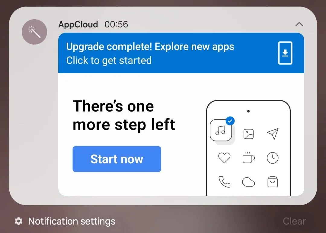 Thông báo từ AppCloud trên điện thoại Samsung gợi ý khám phá ứng dụng mới