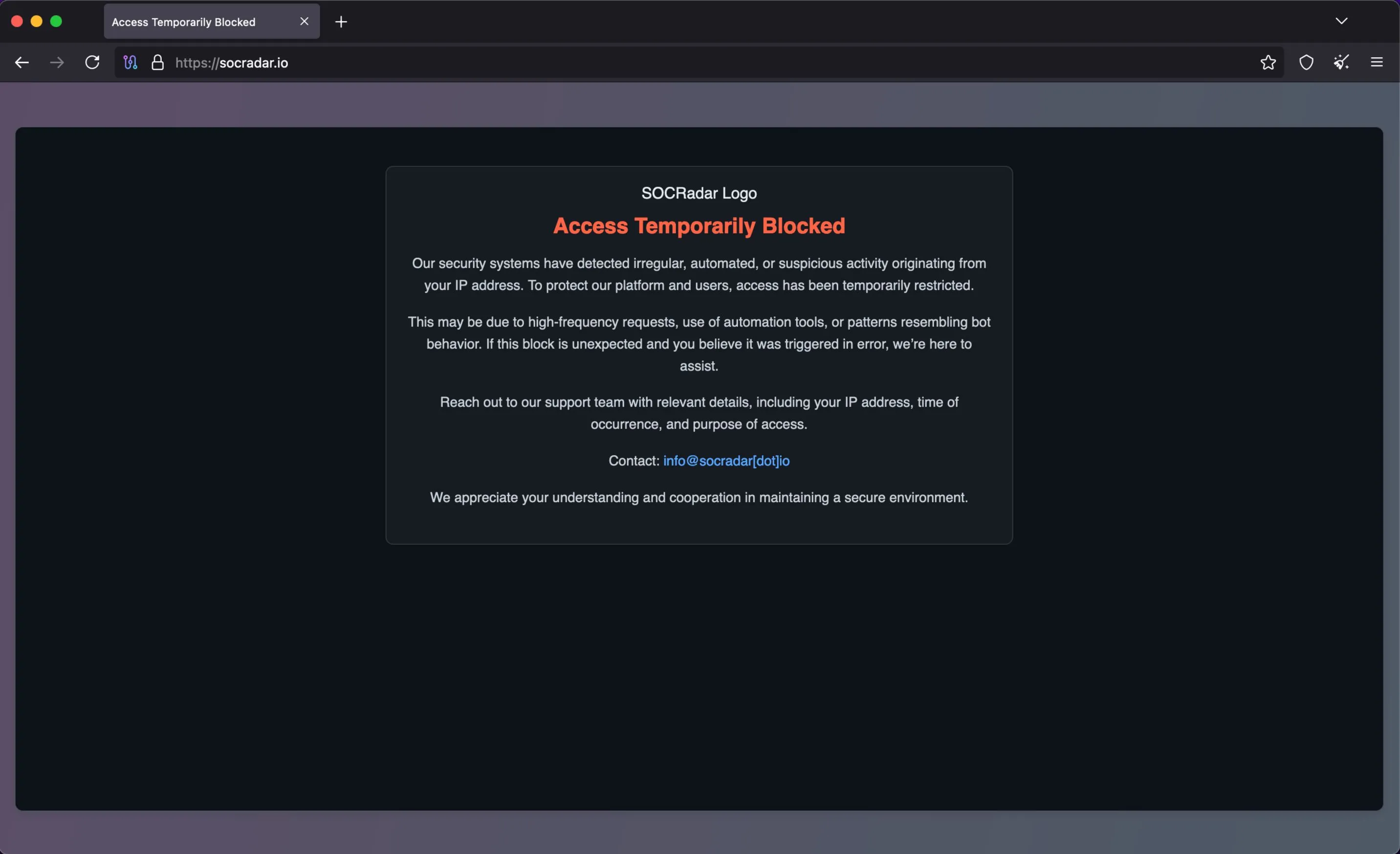 Thông báo từ chối truy cập từ website SocRadar.io khi sử dụng Tor Browser, cho thấy một số trang web có thể chặn kết nối từ Tor.
