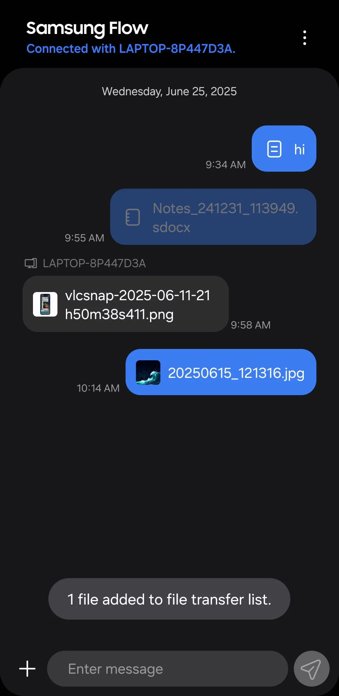 Thông báo xác nhận file đã được gửi thành công qua Samsung Flow trên điện thoại Samsung của bạn.