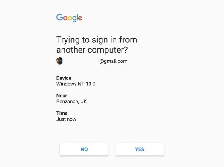 Thông báo xác thực hai yếu tố (2FA) từ Google yêu cầu xác nhận đăng nhập trên thiết bị thứ hai, thể hiện lớp bảo mật bổ sung khi truy cập tài khoản.