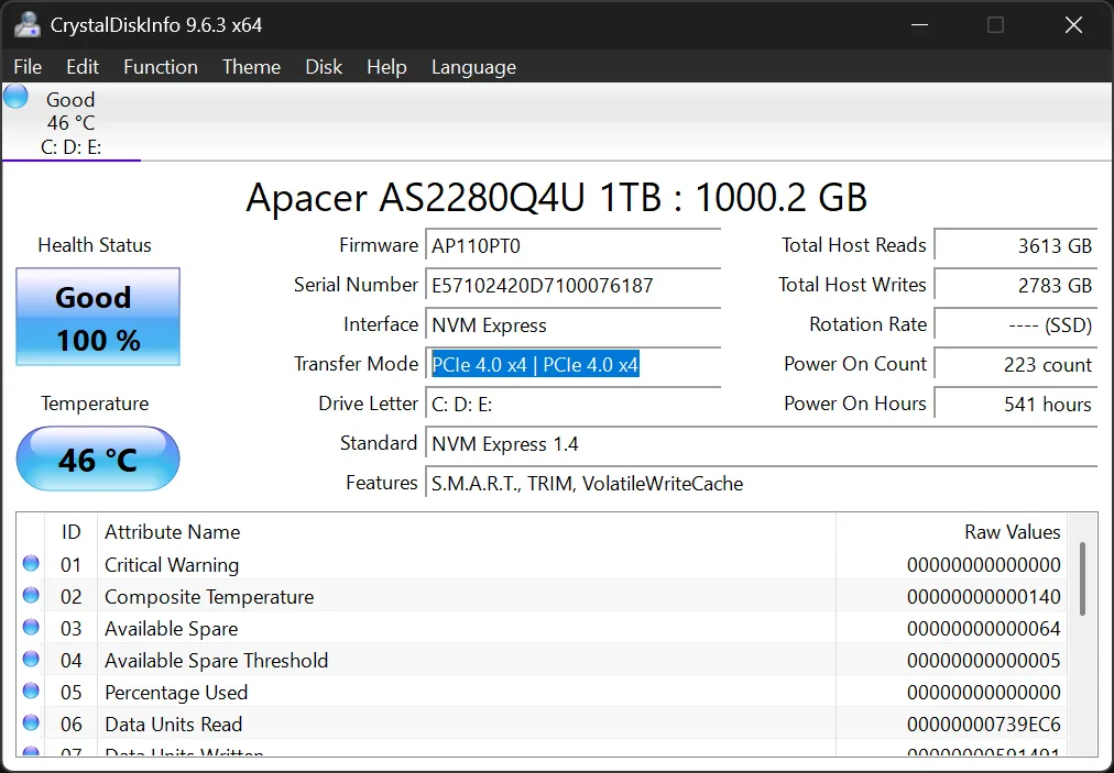 Thông tin chi tiết về chế độ PCIe của ổ cứng NVMe SSD được đánh dấu trong giao diện phần mềm CrystalDiskInfo.