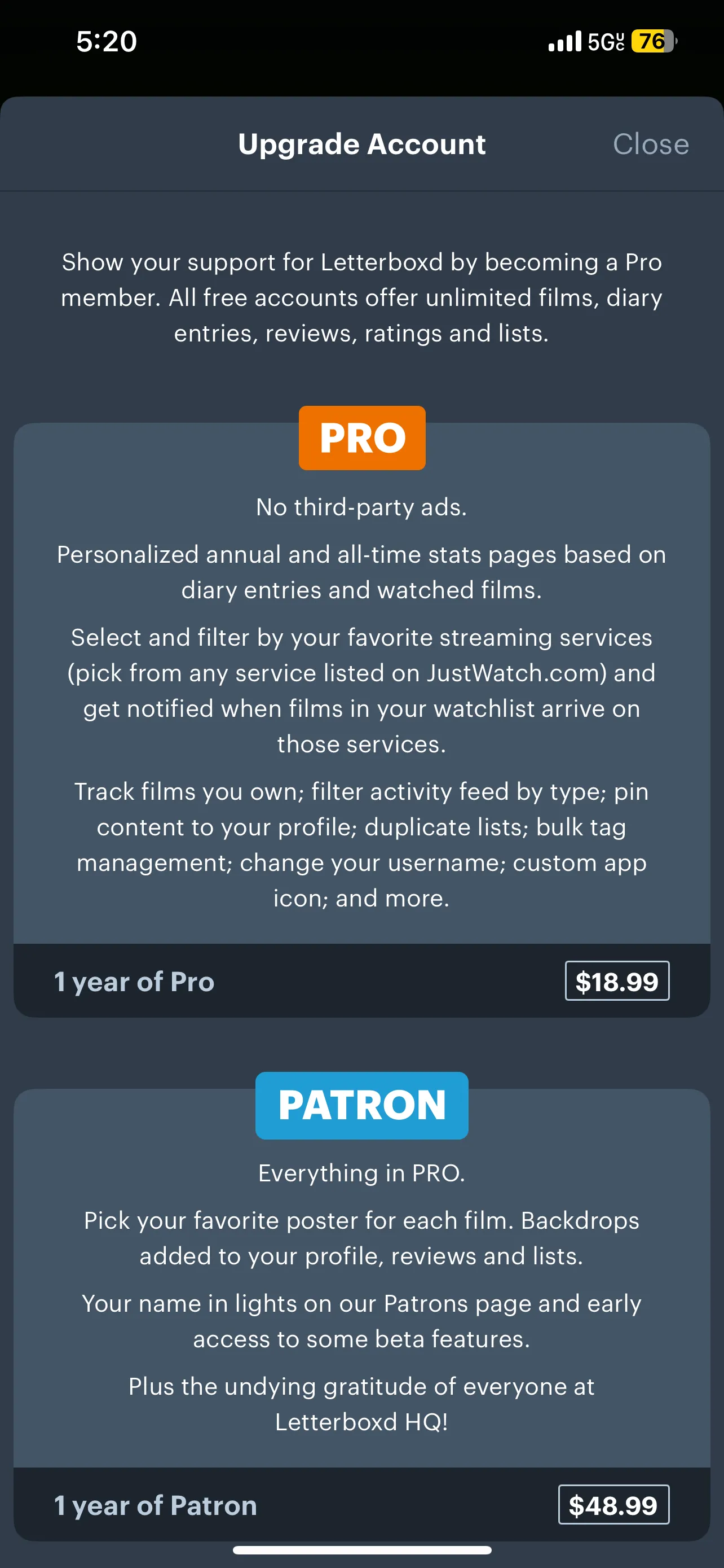 Thông tin về các gói đăng ký Letterboxd PRO và Patron, nêu bật lợi ích của phiên bản trả phí.
