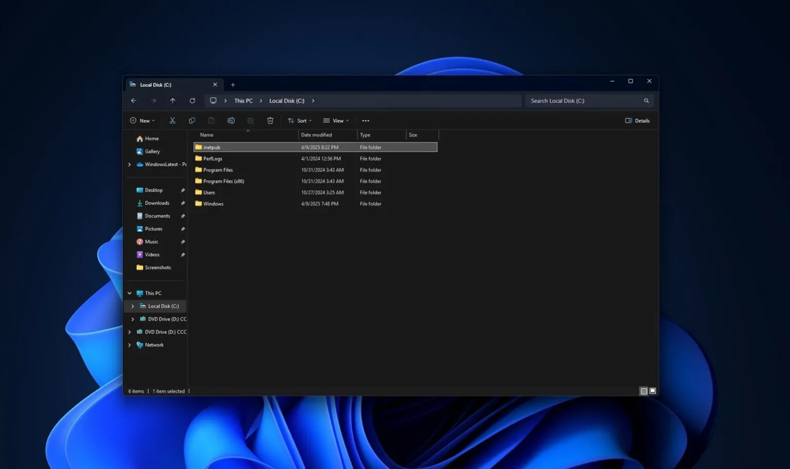 Thư mục inetpub rỗng xuất hiện bất ngờ trên ổ C của Windows 11 sau cập nhật tháng 4 năm 2025