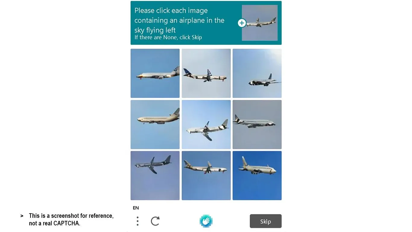 Thử thách CAPTCHA với hình ảnh máy bay được tạo bởi AI bay về phía trái