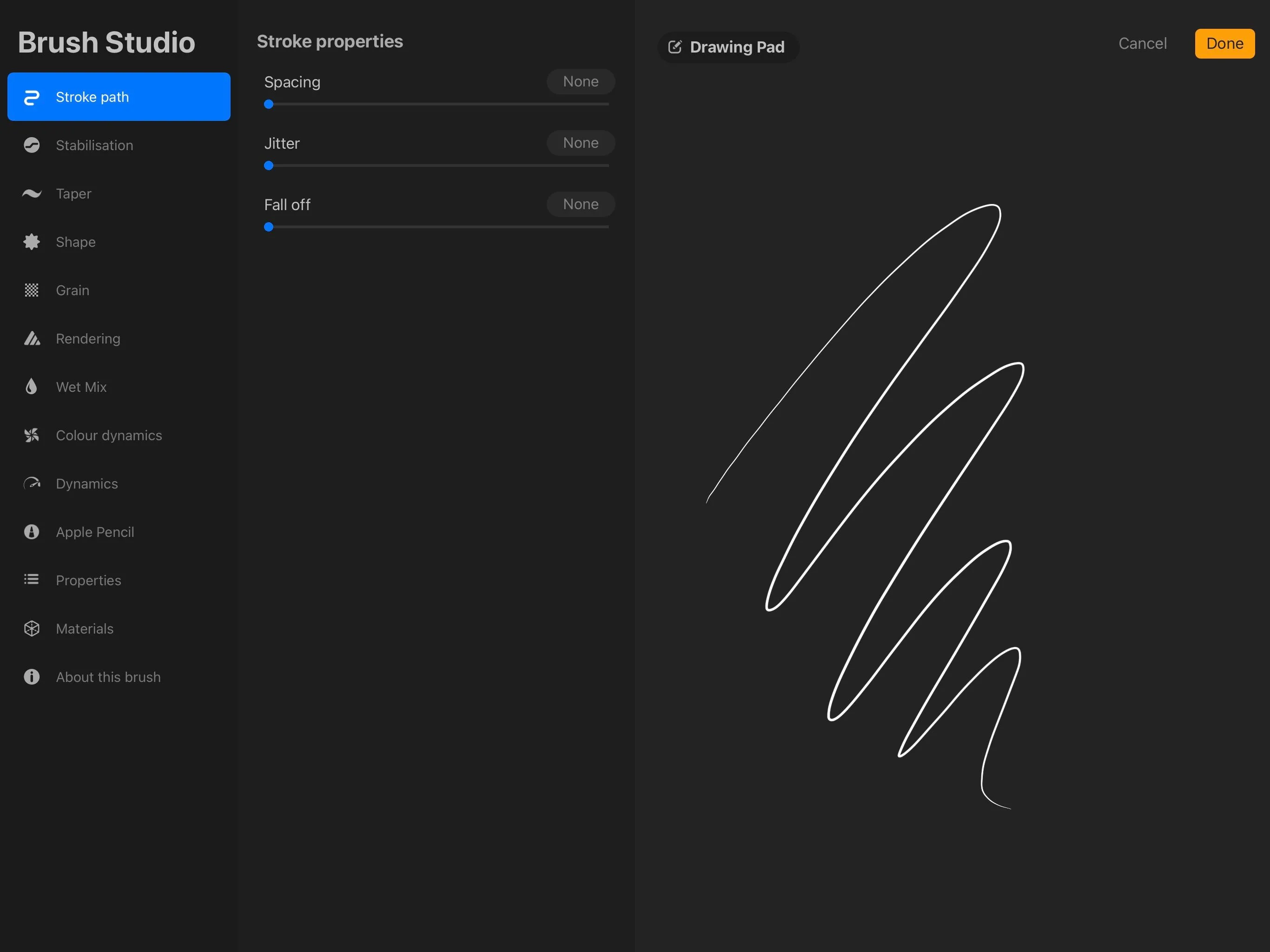 Thư viện cọ tùy chỉnh trong Procreate với bảng màu được chọn