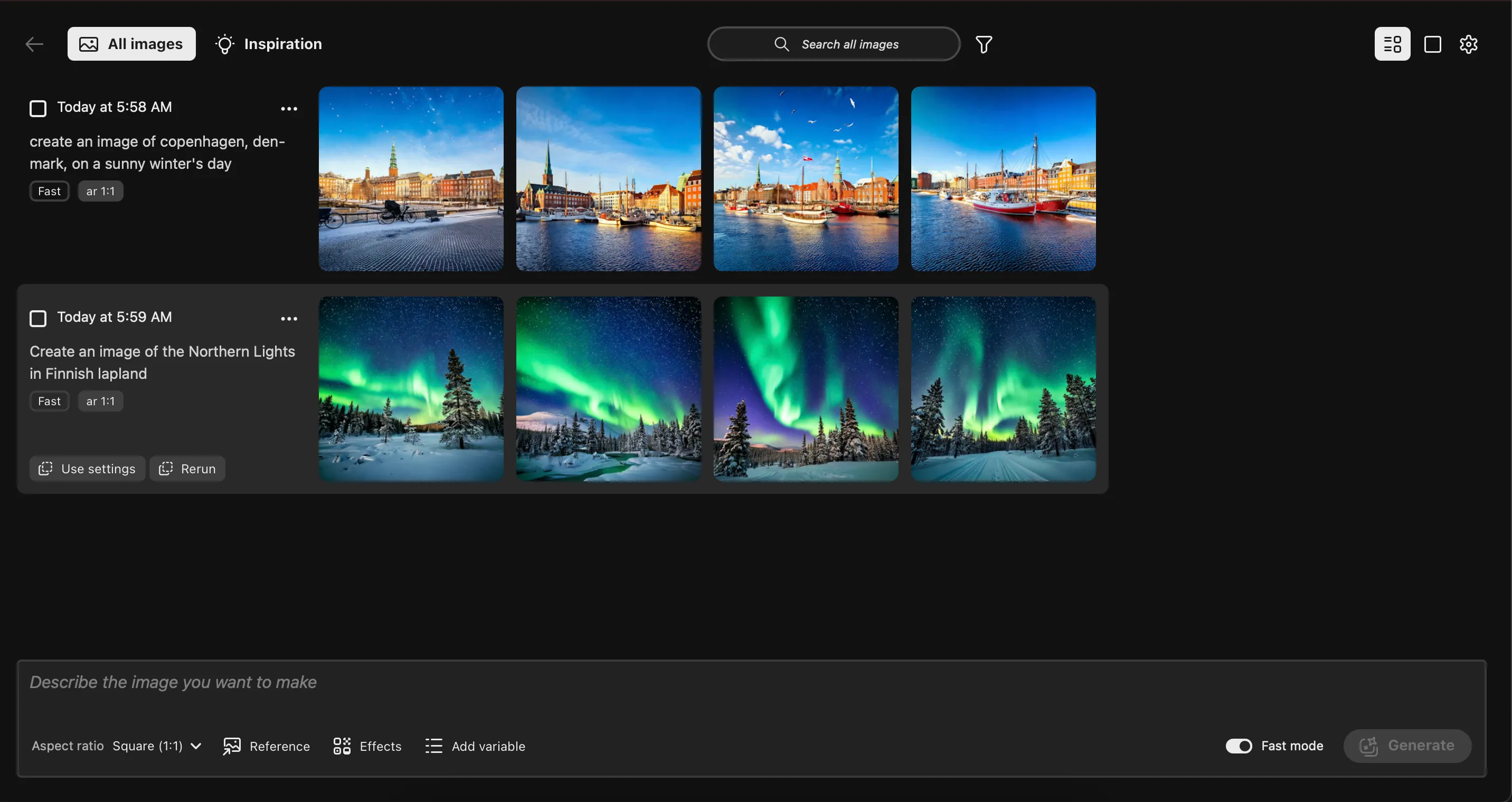 Thư viện hình ảnh được tạo bằng AI trong Không gian làm việc sáng tạo (Generative Workspace) của Photoshop Beta.
