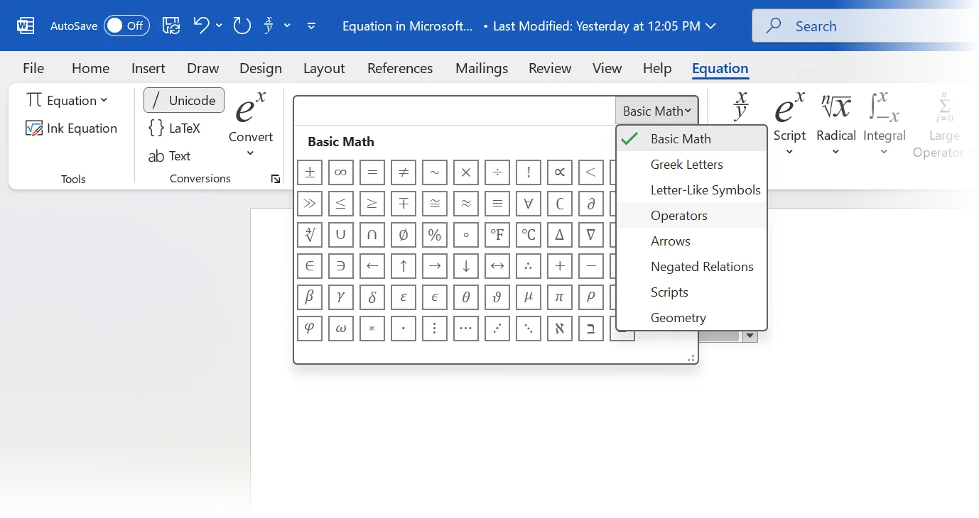 Thư viện ký hiệu toán học đa dạng trong Equation Editor của Word, cho phép người dùng chèn các ký hiệu phức tạp.