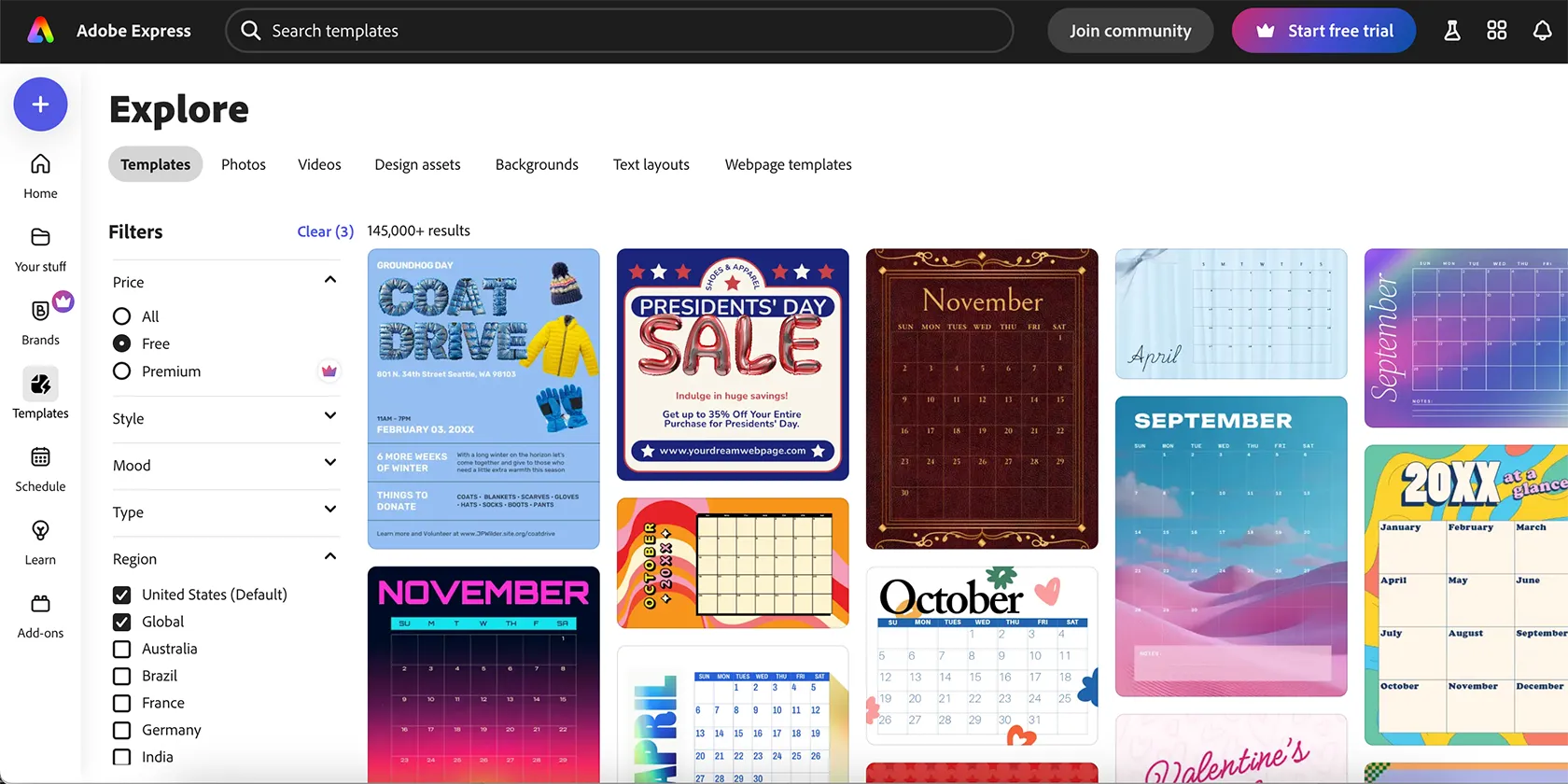 Thư viện template đa dạng của Adobe Express, cung cấp các mẫu thiết kế sẵn cho nhiều nền tảng.