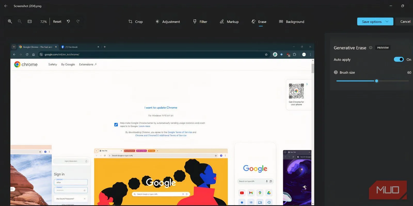 Thực hiện Generative Erase trong ứng dụng Microsoft Photos, xóa chi tiết chữ và hình ảnh trên trang web Chrome, cho thấy hiệu quả hòa trộn tốt.