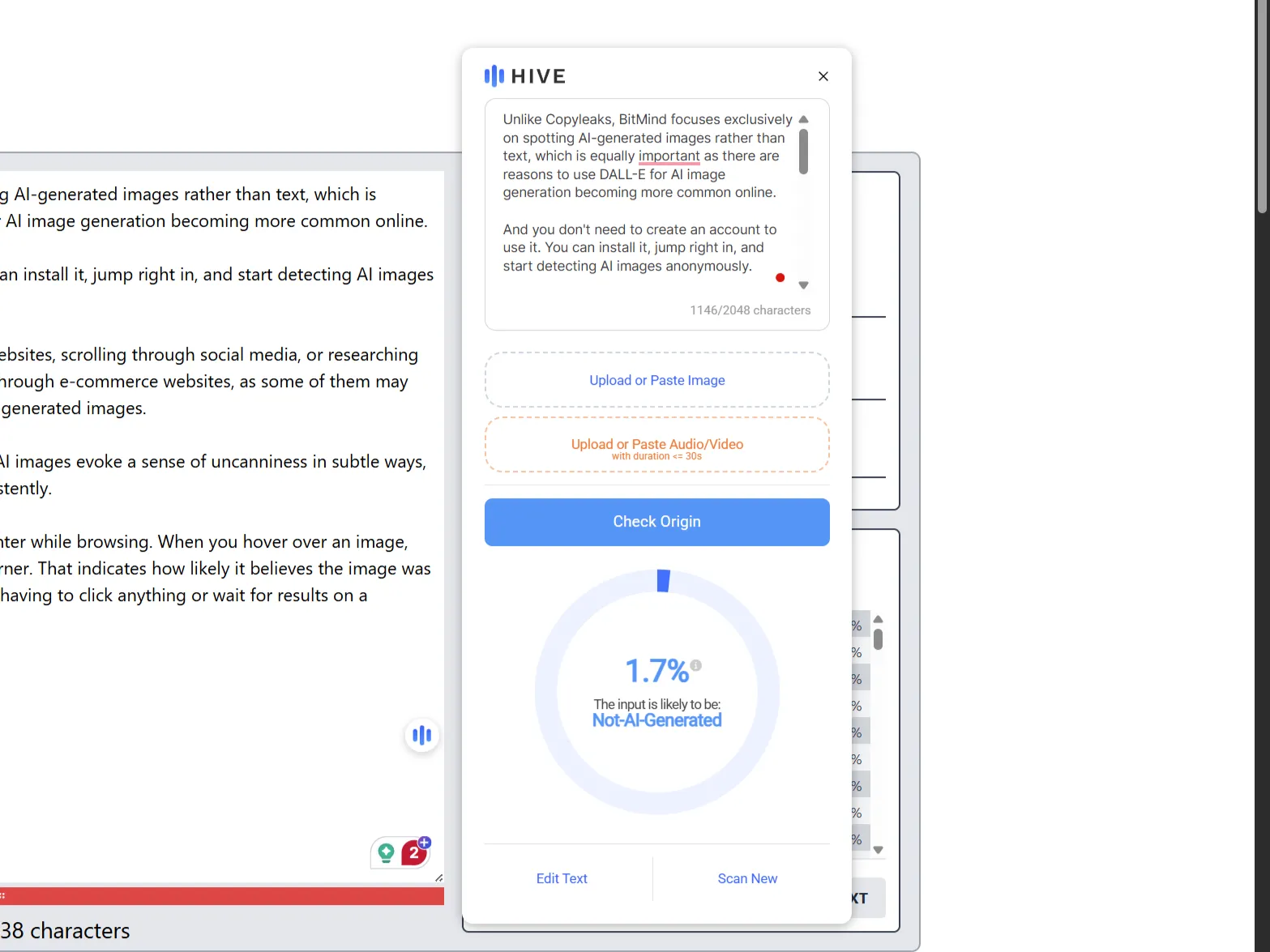 Tiện ích Hive AI Detector xác nhận nội dung được viết bởi con người trên thanh bên.