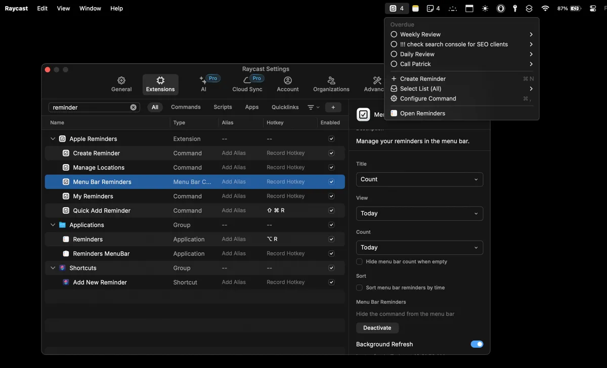 Tiện ích Reminders của Raycast hiển thị trên thanh menu bar của macOS