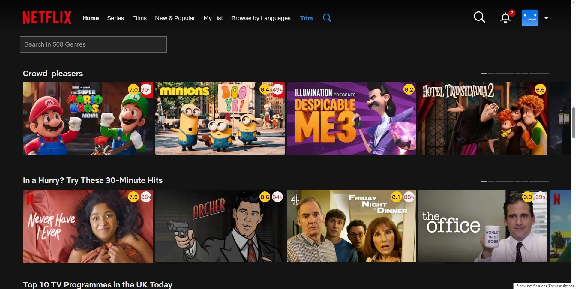 Tiện ích Trim của Netflix trên Chrome hiển thị đánh giá IMDb và Rotten Tomatoes trực tiếp trên giao diện.