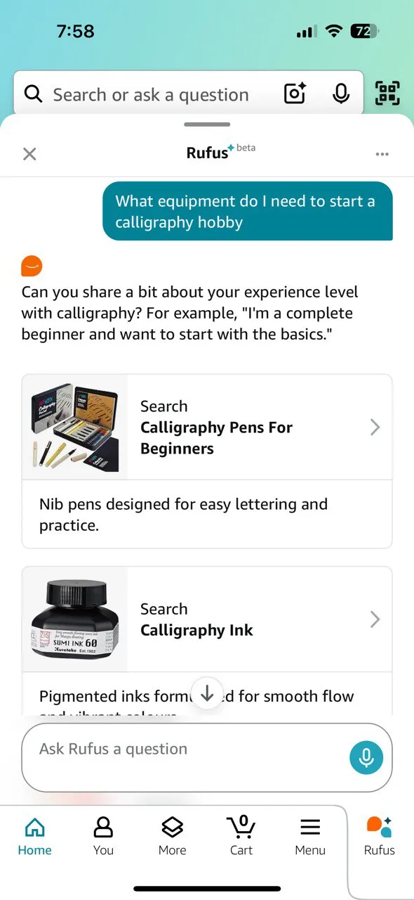 Tìm kiếm dụng cụ cho sở thích mới với Amazon Rufus