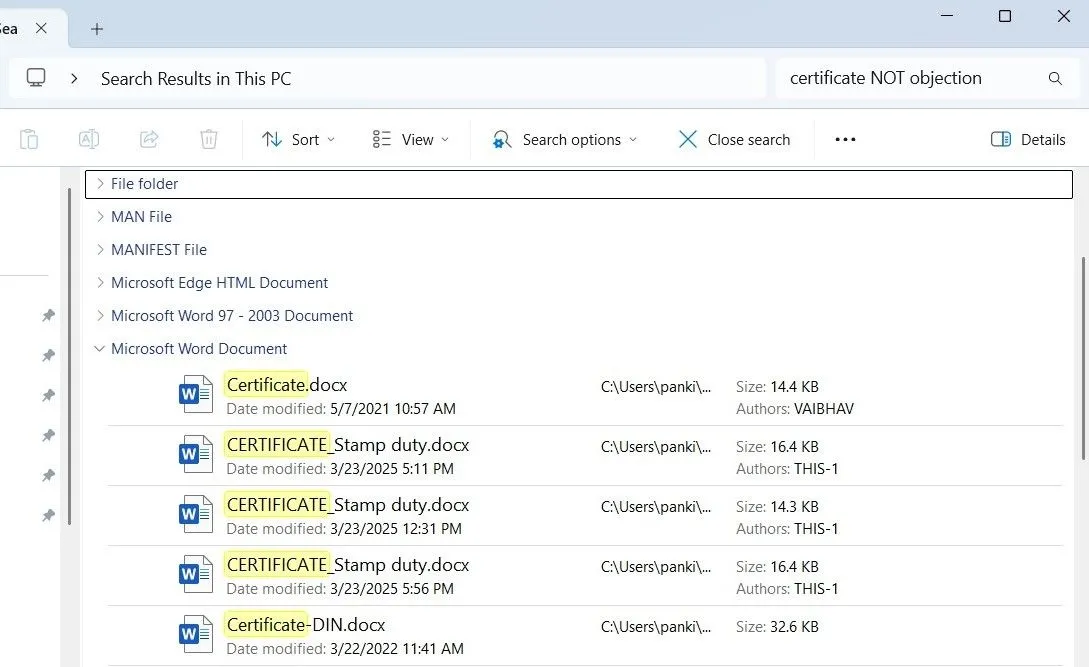 Tìm kiếm trong File Explorer với toán tử NOT trên Windows