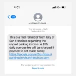 Tin nhắn lừa đảo SMS phí phạt đỗ xe giả mạo từ San Francisco