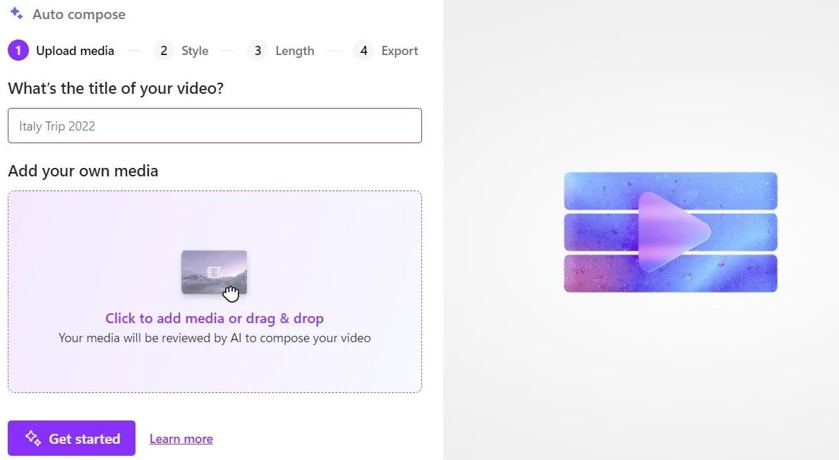 Tính năng AI Creator (Auto Compose) của Clipchamp tự động tạo video từ media có sẵn, tối ưu hóa quy trình chỉnh sửa.