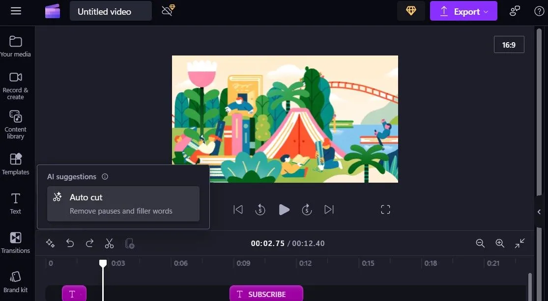 Tính năng Auto Cut của Clipchamp tự động loại bỏ khoảng lặng và từ thừa trong video, giúp luồng âm thanh mượt mà hơn.