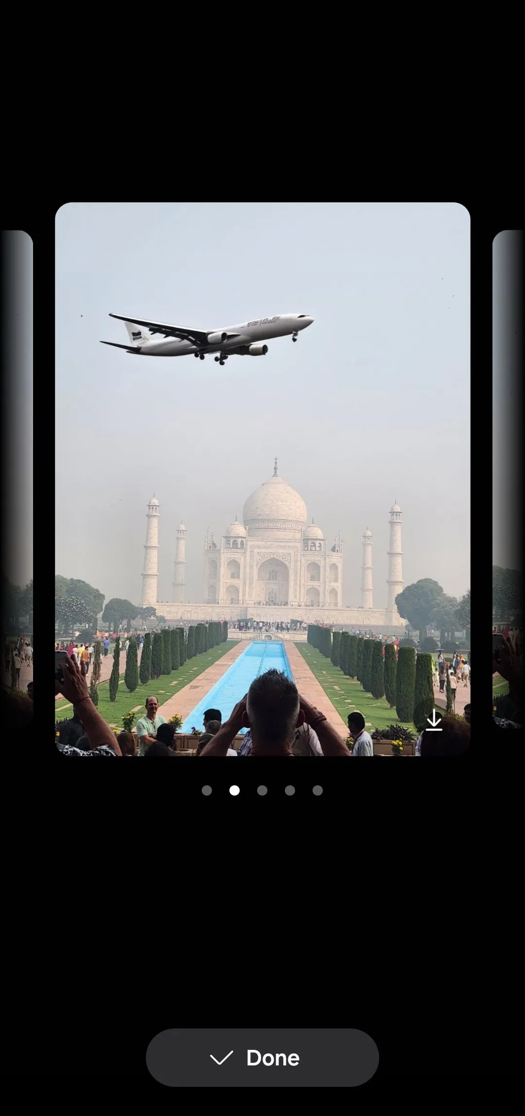 Tính năng chuyển đổi phác thảo thành hình ảnh của Samsung Gallery, minh họa việc biến một nét vẽ đơn giản thành máy bay đang bay qua Taj Mahal.