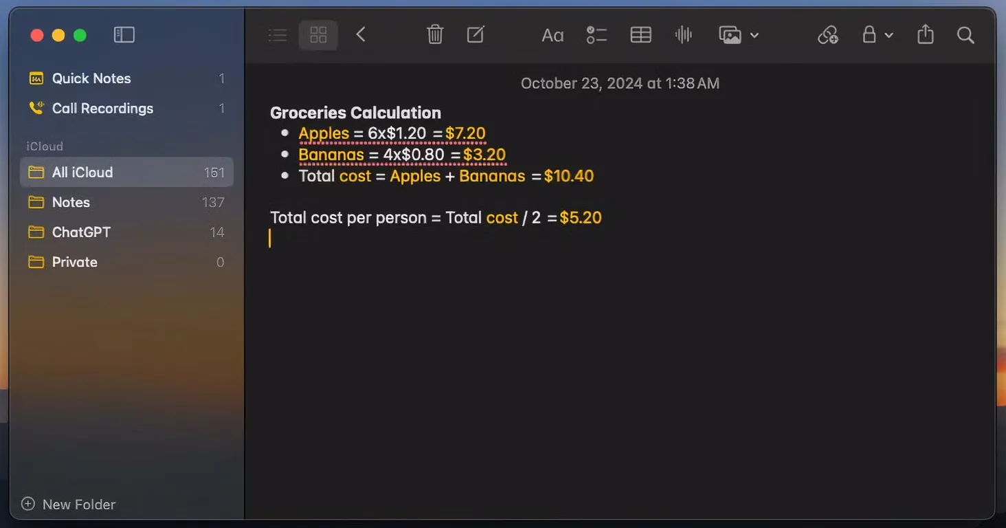 Tính năng Giải Toán trong ứng dụng Ghi Chú (Notes app) trên macOS Sequoia, cho phép nhập và tính toán công thức trực tiếp.