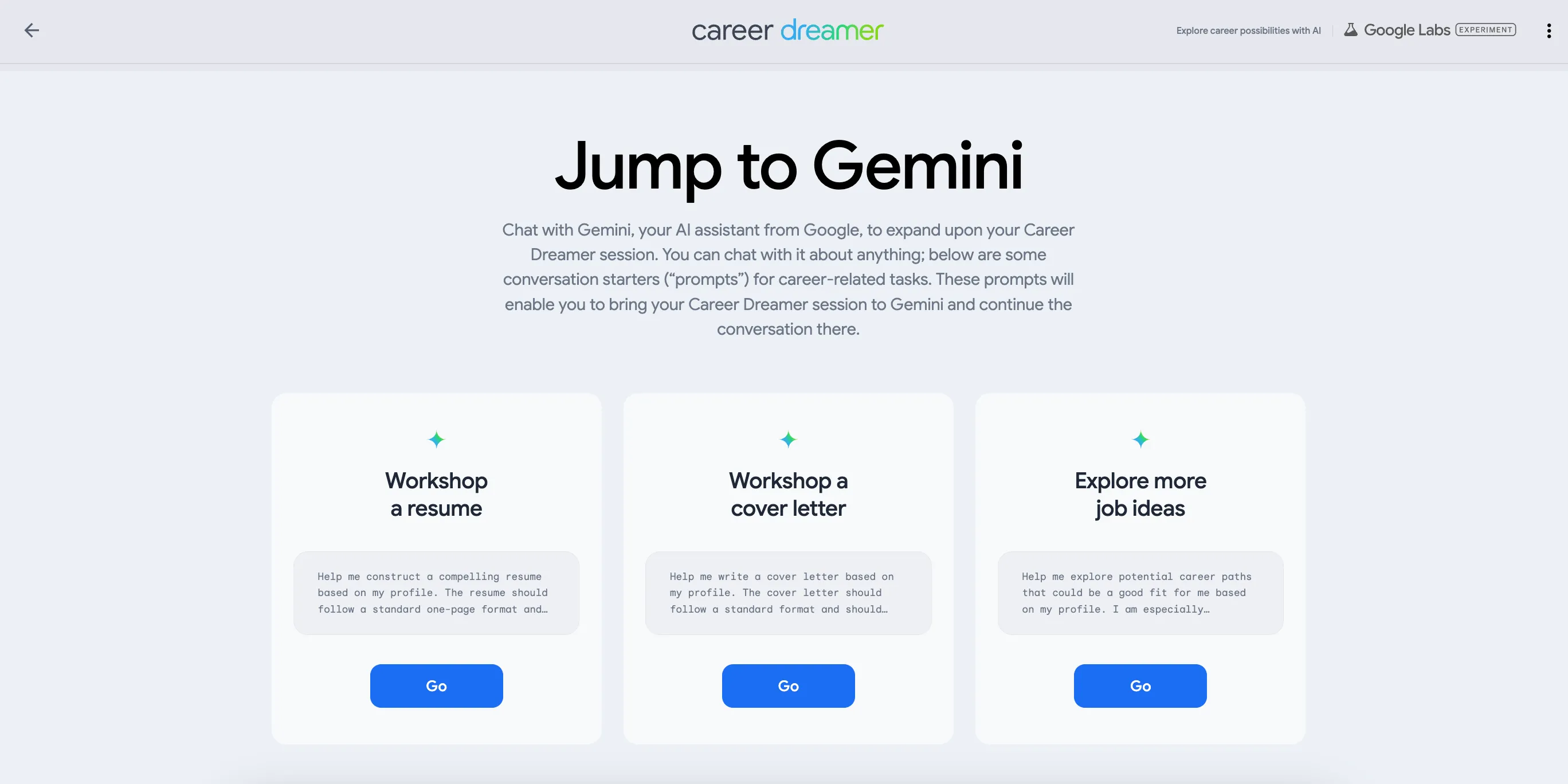 Tính năng Jump to Gemini trên Google Career Dreamer để hỗ trợ viết CV và thư xin việc