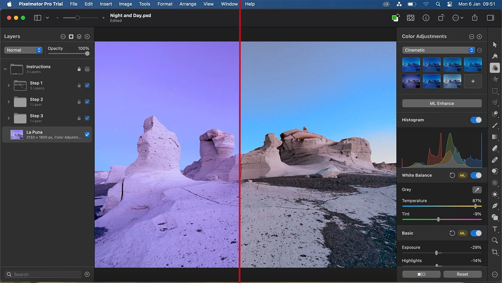 Tính năng ML Enhance của Pixelmator Pro trước và sau khi áp dụng