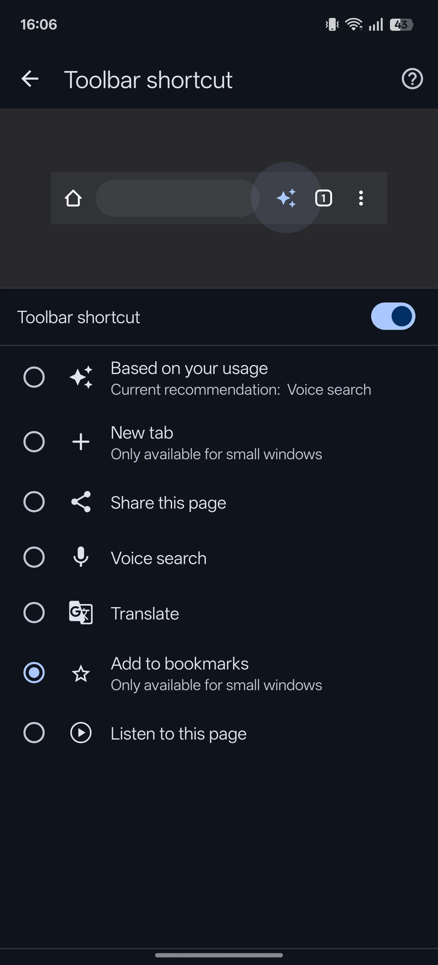 Tính năng 'Phím tắt thanh công cụ' được bật trong Chrome Android với tùy chọn 'Thêm vào dấu trang'.