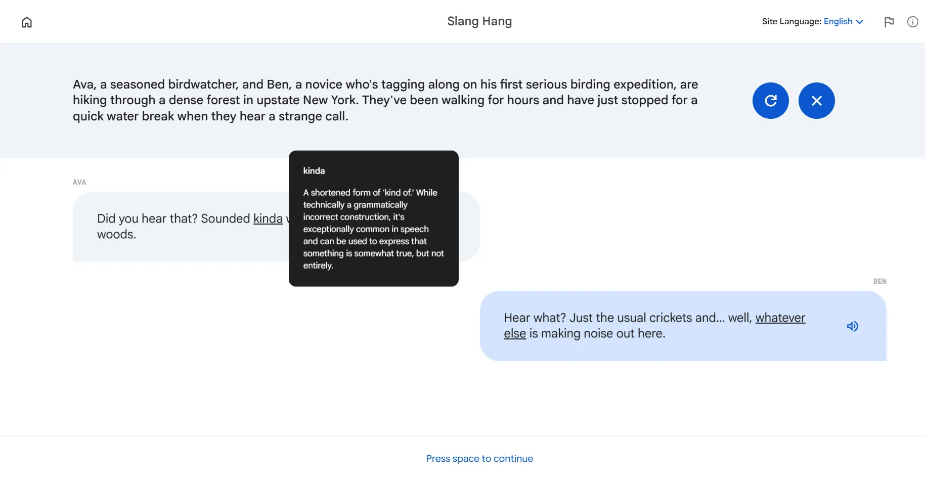 Tính năng Slang Hang trong Google Little Language Lessons giúp học tiếng lóng và sắc thái giao tiếp qua các đoạn hội thoại