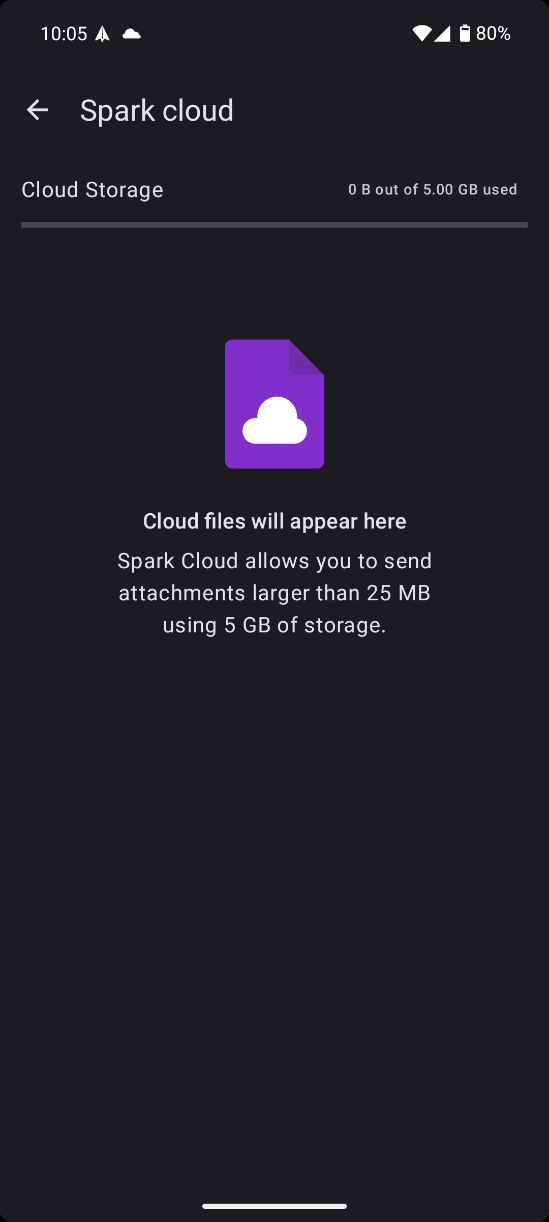 Tính năng Spark Cloud trong ứng dụng Spark Mail Android, cung cấp không gian lưu trữ 5GB cho tệp đính kèm lớn.