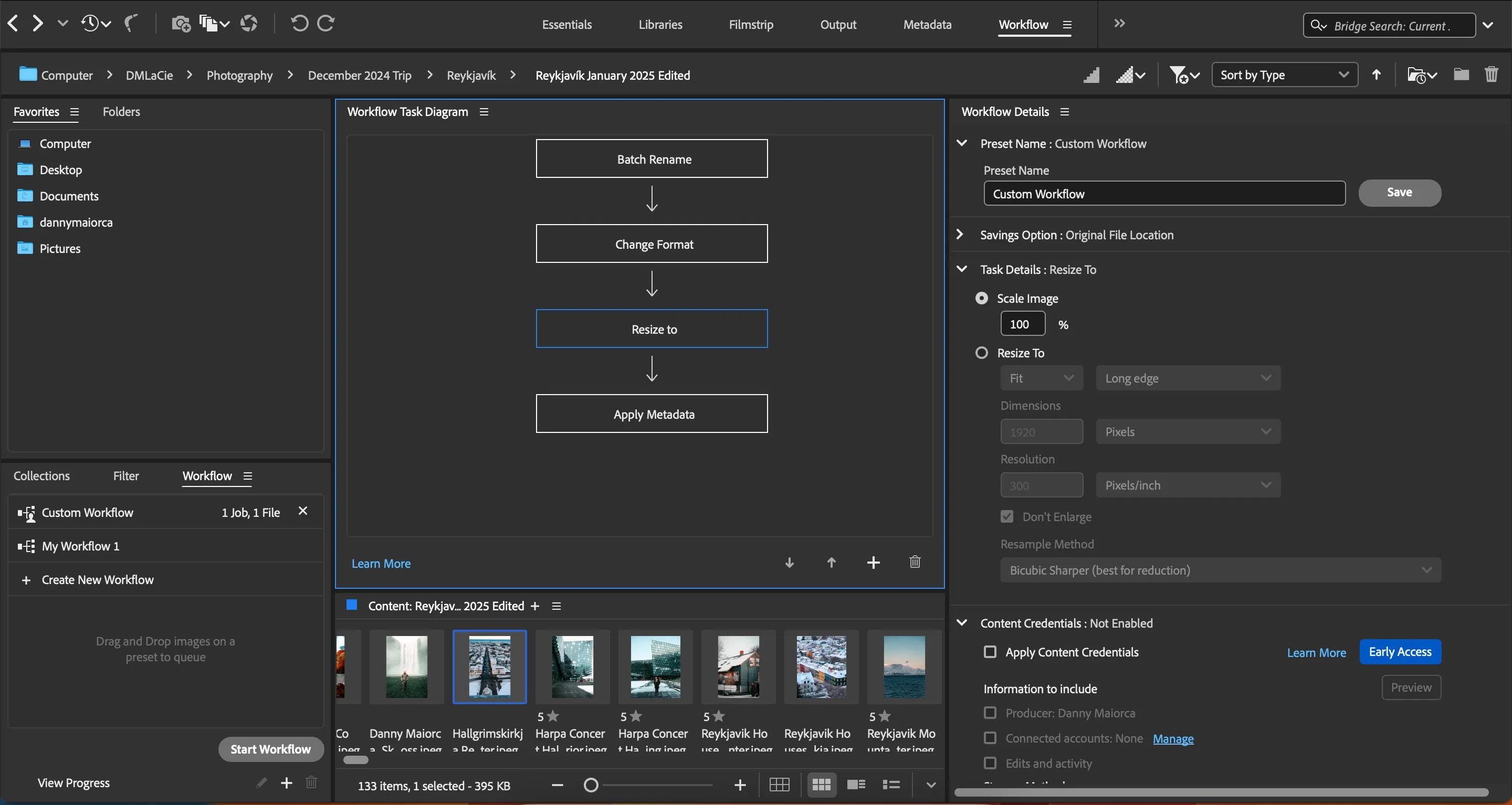 Tính năng thay đổi kích thước ảnh hàng loạt trong Adobe Bridge, hỗ trợ tối ưu ảnh cho các nền tảng mạng xã hội hoặc mục đích sử dụng khác.
